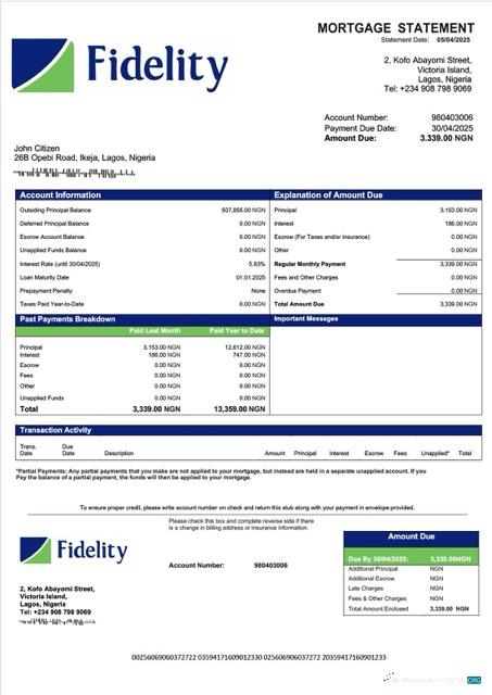Download Nigeria Fidelity Bank mortgage statement Word and PDF template Photoshop template